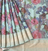 Mint Pure Handloom Chiniya Silk Saree with stunning Floral Print and zari borders SS50102
