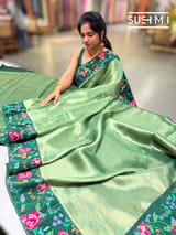 Bottle green Banarasi Tissue with petite point embroidery: S62F185
