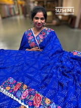 Electric Blue Pure Gajji Silk Rai bandhej Saree with petite point embroidery