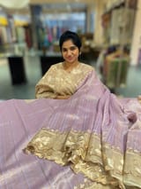 Lilac Mul Tissue Stripes Saree With Tissue Cutwork  Border & Blouse
