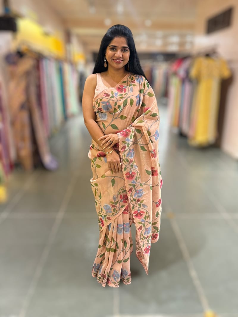 Nude Pink Tissue georgette saree with embroidey SS50402