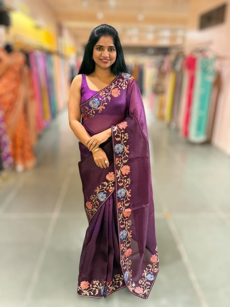 Wine Organza with patan patola inspired embroidery SS50605