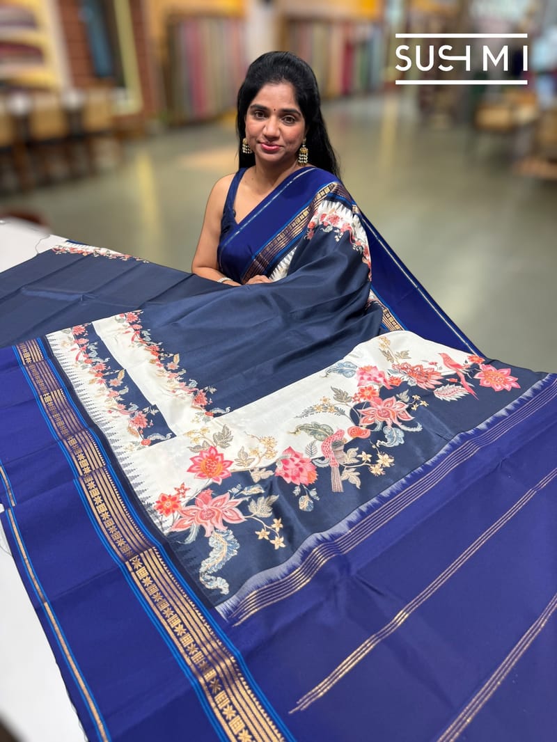 Midnight Blue designer Printed Kanjeevaram Silk Saree