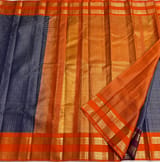 Blue & Orange Combo Vintage Checks Gap Border Kanjeevaram Saree SS50167