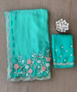Seagreen pure chinnon saree