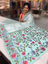 Mint kora tissue saree with pythani inspired embroidery