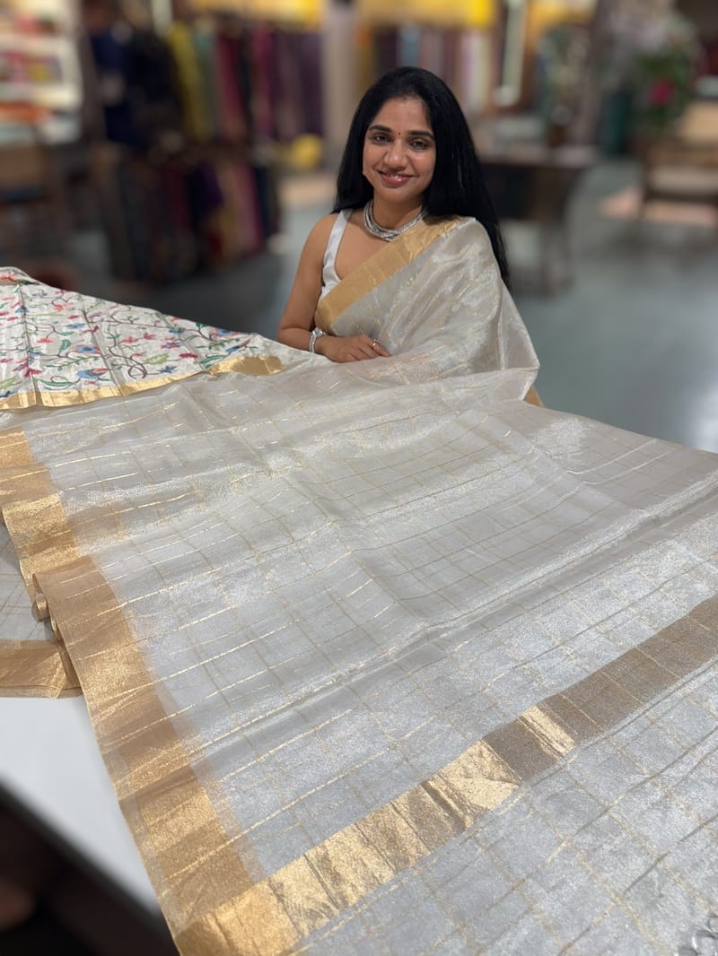 Silver tissue checks Saree with pythani inspired embroidered tissue blouse