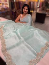 Mint Blue Pure Organza Handwork Saree with heavy Designer Blouse SS50254