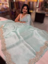 Mint Blue Pure Organza Handwork Saree with heavy Designer Blouse SS50254