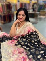 Black Banarasi Kora Gorgette Polka dot Printed Saree SS5056