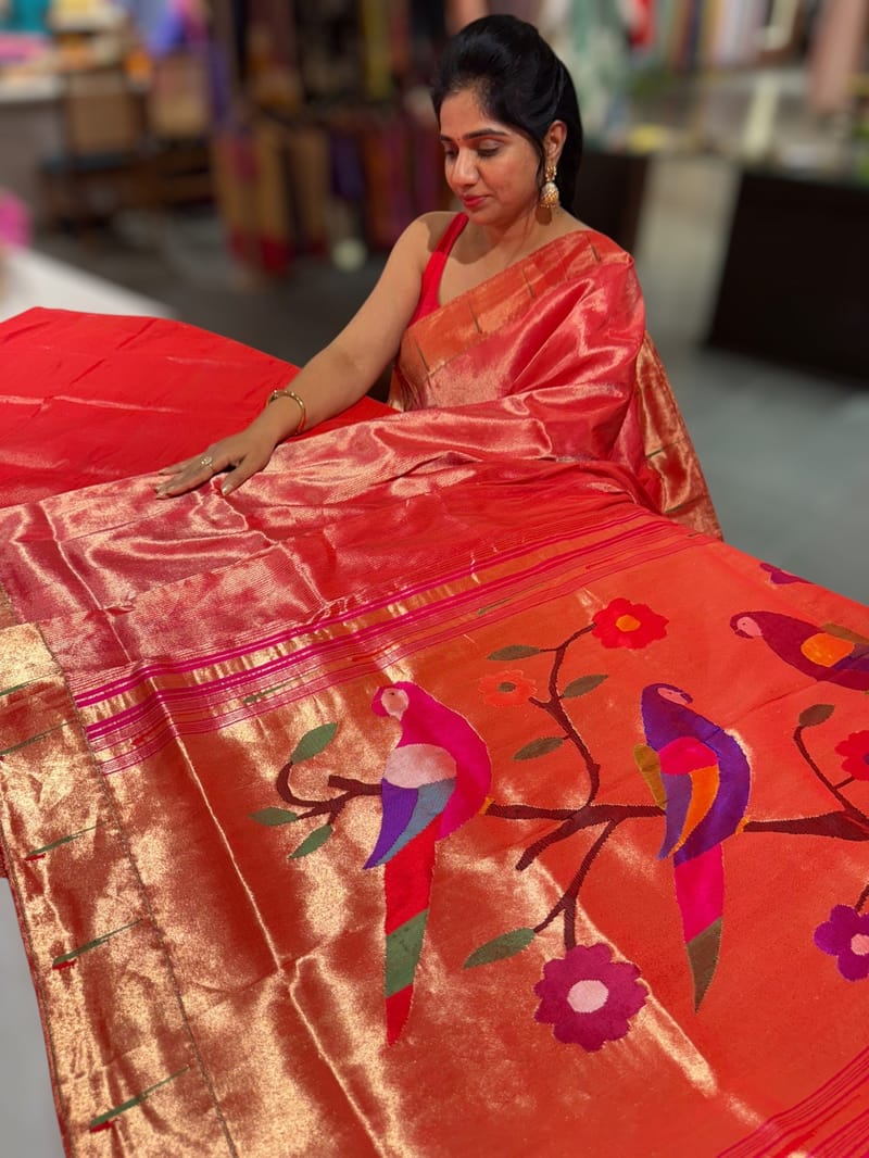 Rani Pink Pure handloom paithani tissue stripes saree SS50379