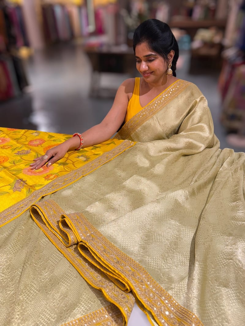 Mint & Yellow Combo Banarasi Tissue Brocade saree SS50218