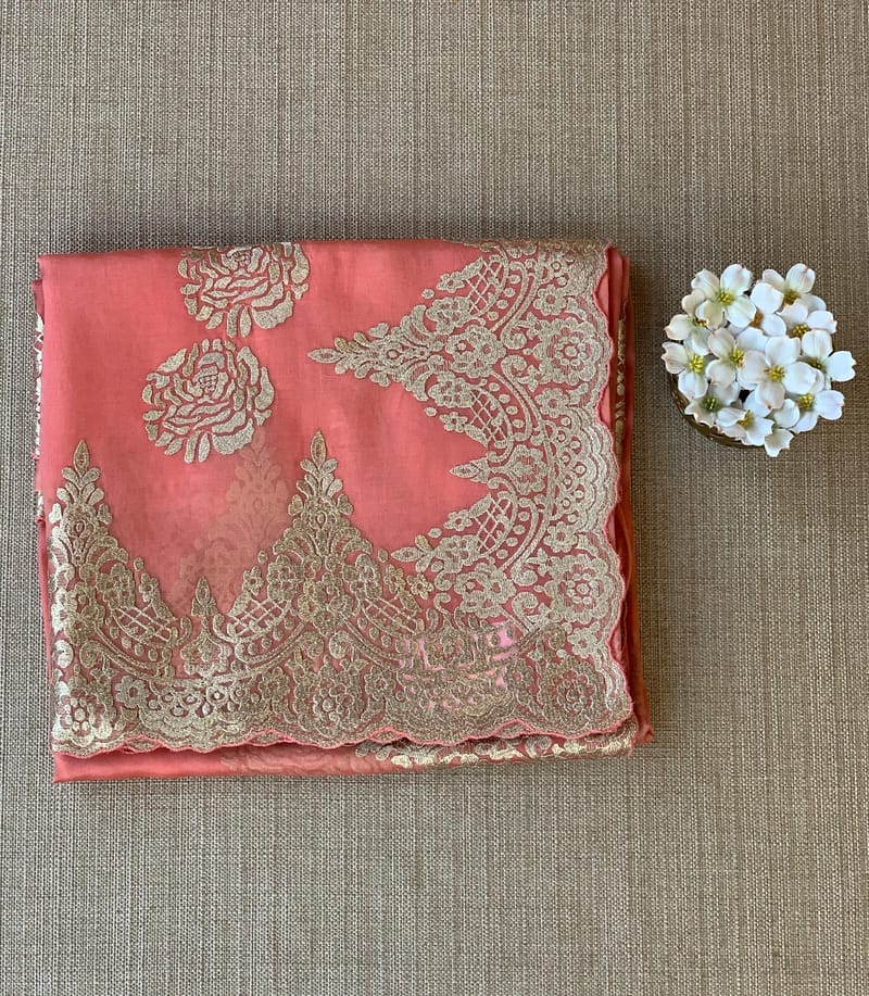 Coral Peach Organza with chantilly Lace embroidery SS50482