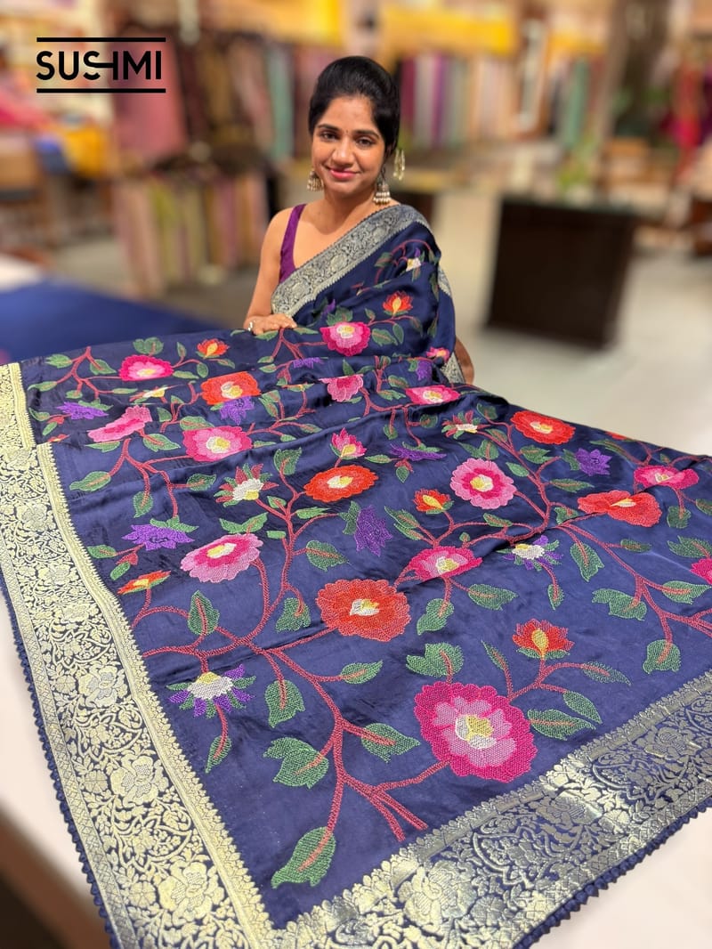 Midnight Blue Banaras Mashru Silk with embroidery SS5002