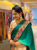 Chickoo and emerald Green Pure Satin Ombre Dyed Saree with Petite Point Embroidered Border and blouse.