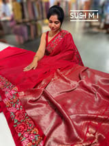 Chilli Red Mysore Silk Saree with petitepoint embroidery S62108