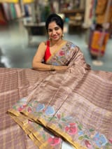 Mauve Brown pure handloom Tussar Vintage Checks Saree with Jamdani inspired embroidered border SS50466