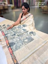 Ivory Tussar pen kalamkari printed saree