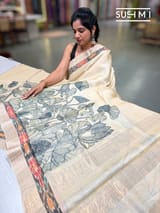 Ivory Tussar pen kalamkari printed saree