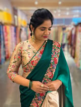 Chickoo and emerald Green Pure Satin Ombre Dyed Saree with Petite Point Embroidered Border and blouse.