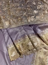 Lilac Mul Tissue Stripes Saree With Tissue Cutwork  Border & Blouse