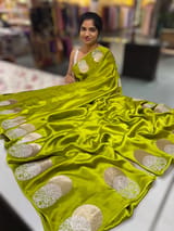 Lime Green Pure Satin Saree with embroidered border and blouse