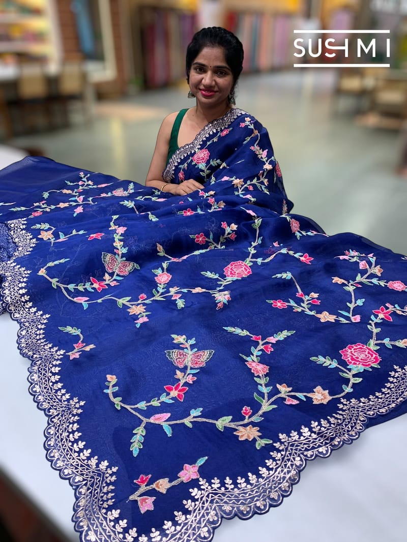 Blue Pure Organza with petite point embroidery: S62F172