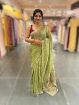 Light Olive Green Tissue Georgette Saree with petite point emb SS50112