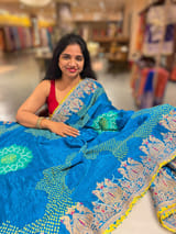 Copper Sulphate Blue Designer Rai Bandhej Saree With Embroidered Border SS50485