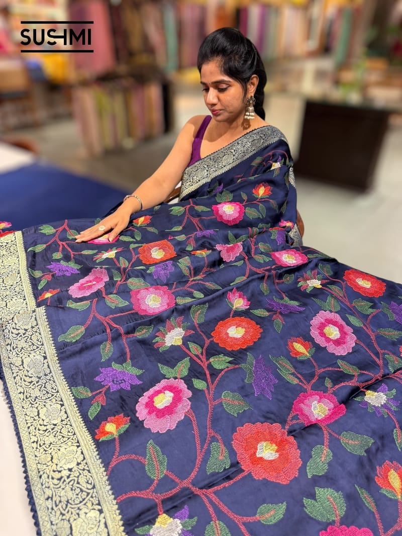 Midnight Blue Banaras Mashru Silk with embroidery SS5002