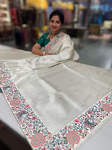 Half White Banarasi  brocade Silk Saree with Petite Point Embroidered Border. SS5086