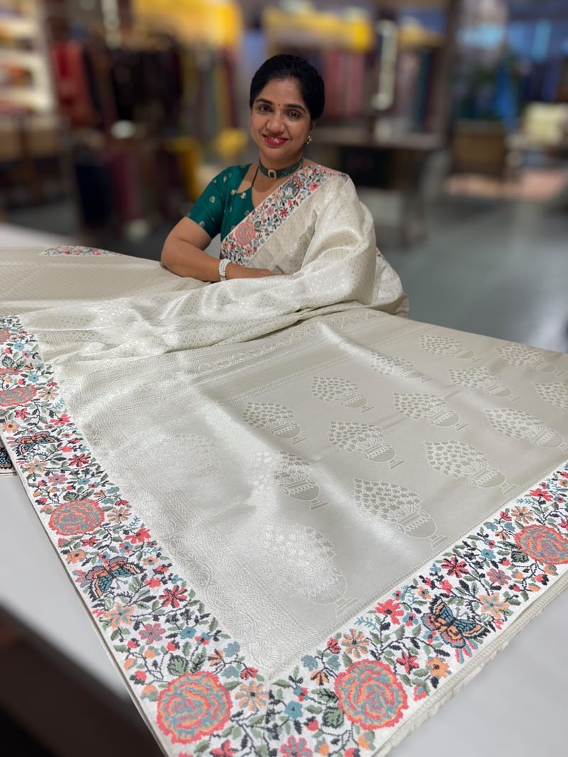 Half White Banarasi  brocade Silk Saree with Petite Point Embroidered Border. SS5086