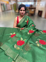 Green Muslin Saree with Pocket Sequins & Hibiscus Embroidery
