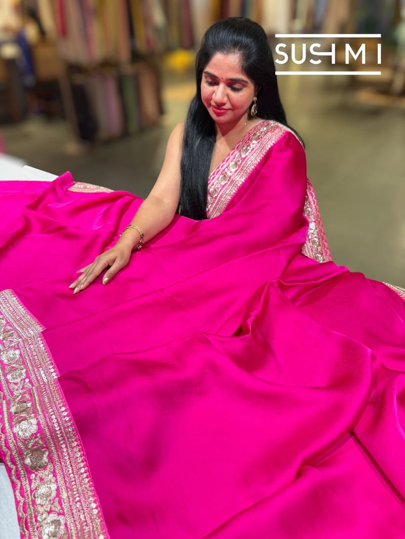 Fuschia Pink Satin Saree with sabyasachi borders : D62F047