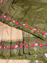 Beige kanchi vintage checks soft silk saree with pythani inspired parrot embroidered border SS50130