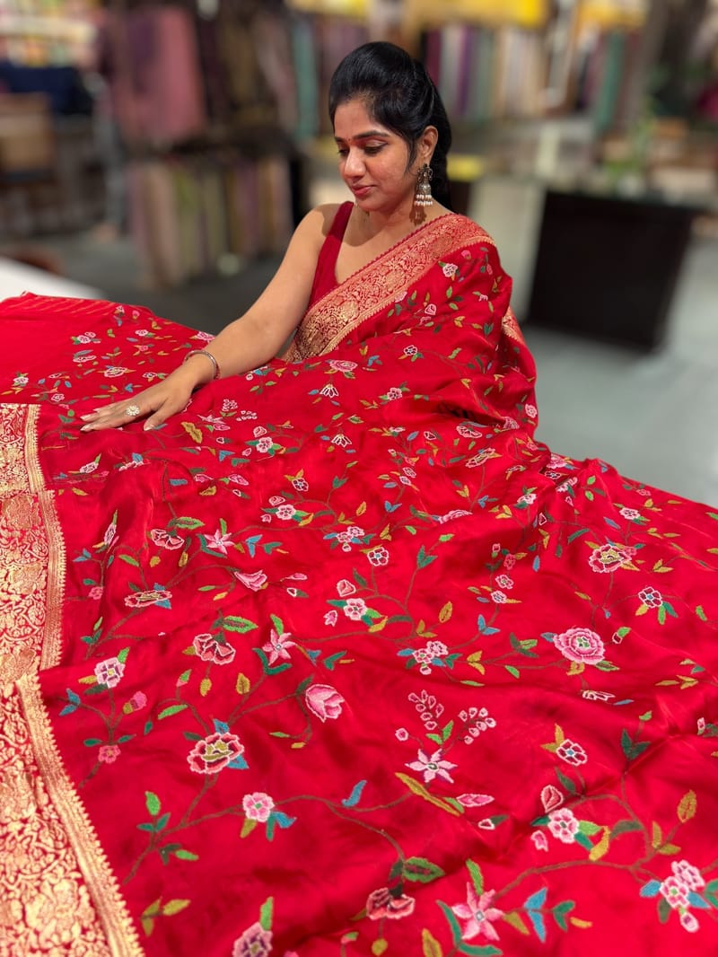 Chilli Red Mashru Banaras with petite Point embroidery SS5007