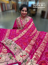 Fuschia Pink bandhej saree with embroidery : S62F205