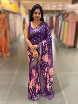Brinjal georgette sequence saree with statement floral print SS5049