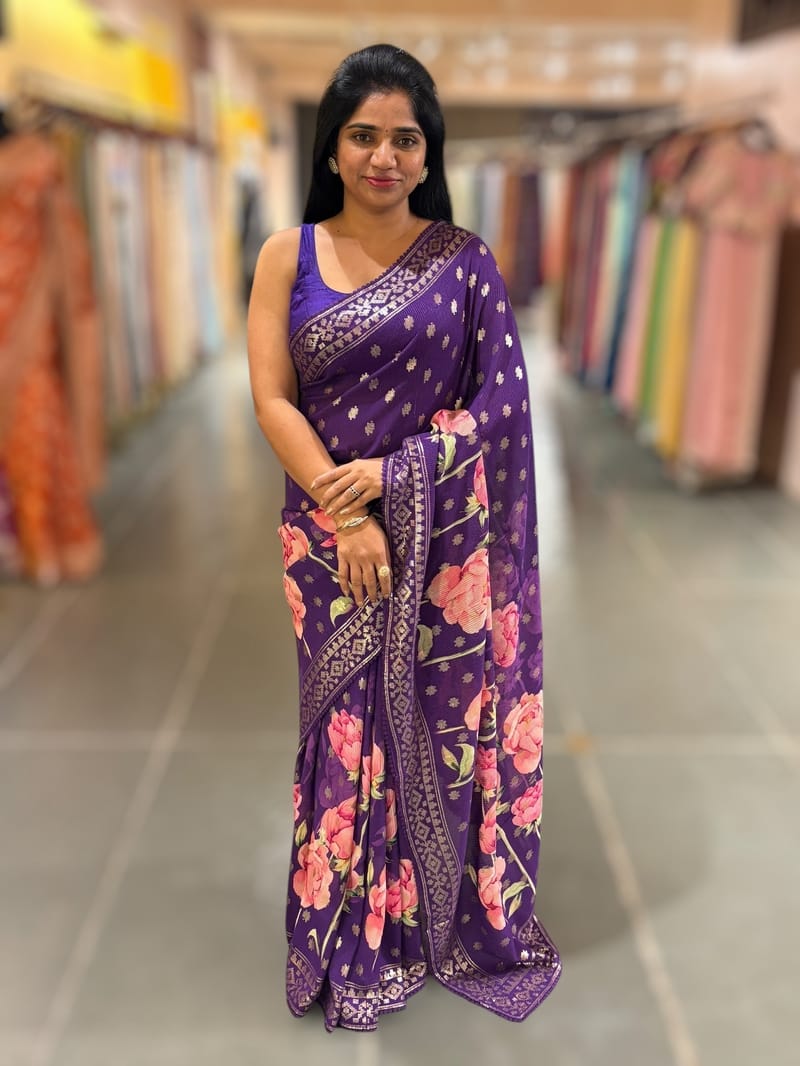 Brinjal georgette sequence saree with statement floral print SS5049