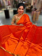 Orange Chanderi Pattu Silk Saree with Tissue allover petite point embroidered blouse SS50601