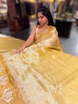 Yellow Kora tissue stripes Saree with embroidery