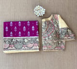 Majenta Ikkath patola saree with madhubani hand painting