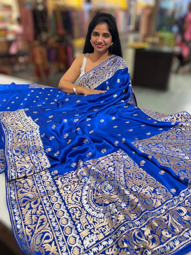 Electric Blue Pure Mashru Satin Saree with embroidery