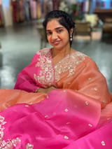 Peach & Neon Pink Shaded Organza Saree with Parsi Gara Embroidered Border SS50272