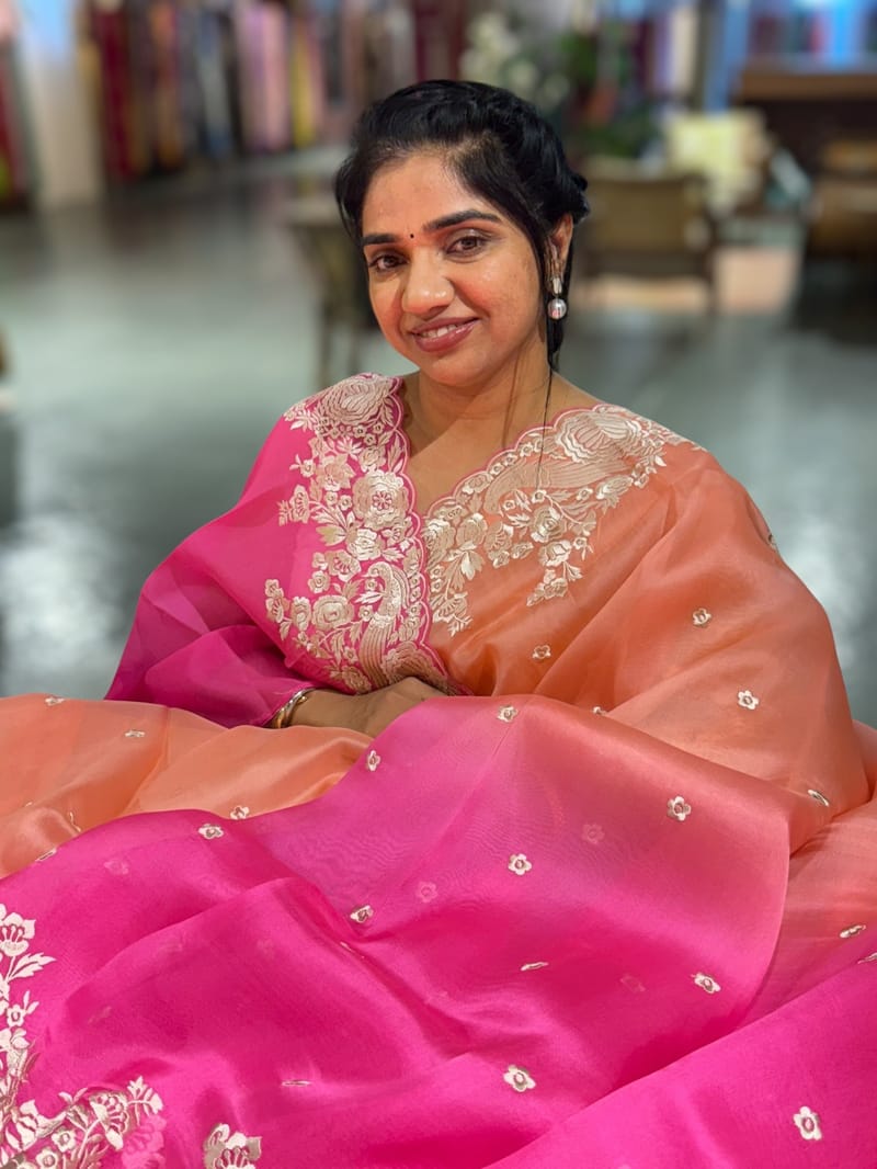 Peach & Neon Pink Shaded Organza Saree with Parsi Gara Embroidered Border SS50272