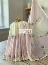 Ombre Dyed Floral Printed Pure Linen Saree