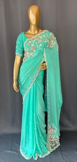 Seagreen pure chinnon saree