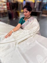 Half White Banarasi brocade Silk Saree with Petite Point Embroidered Border. SS5085