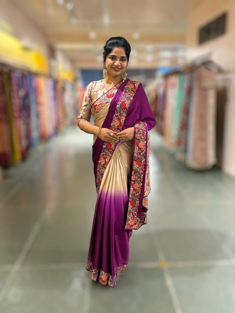 Pure Satin Ombre Dyed Saree with Petite Point Embroidered Border and blouse.