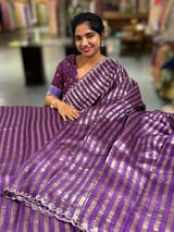 Brinjal Handloom Mul Tissue Stripes Saree with fusion blouse SS50410